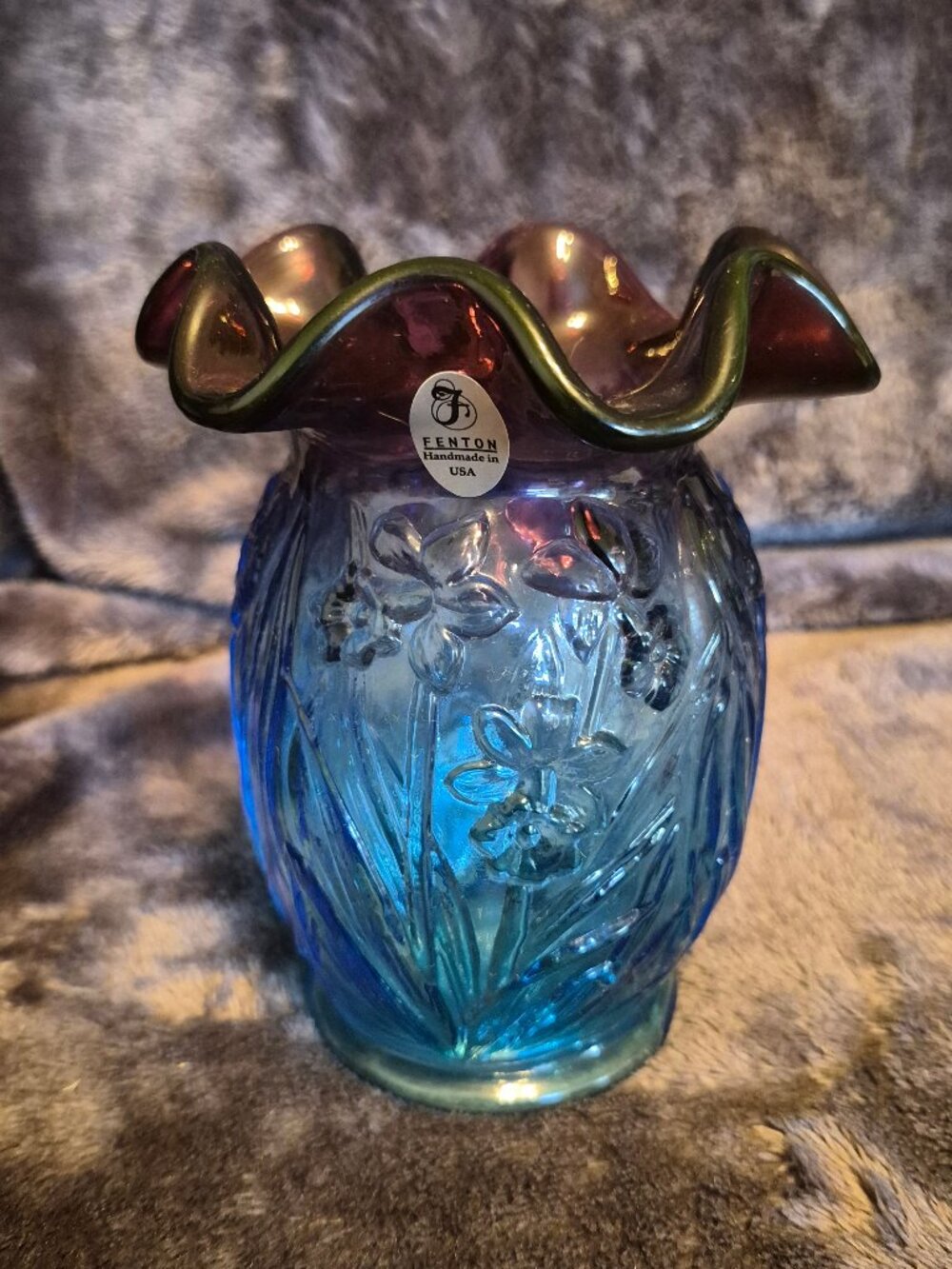 Fenton Glass Vase Vintage Blue/Maroon Iridescent Opalescent Ruffled Daffodil